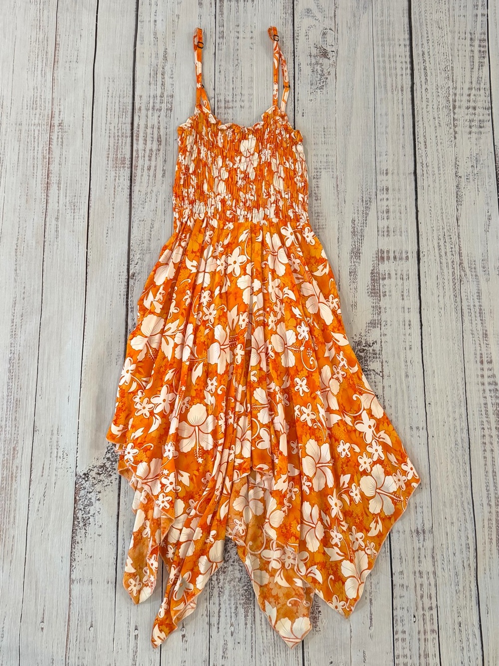 Kara Chic by NF  Orange Tropical Smocked Sundress Asymmetrical Handkerchief Hem